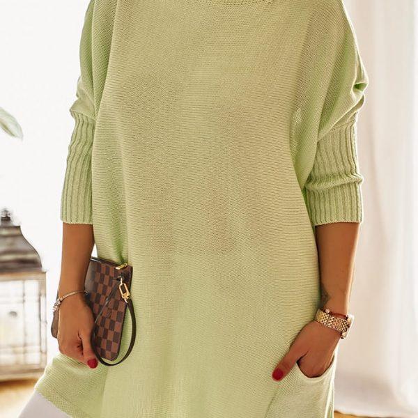 Letni luźny sweter oversize  z kieszeniami kolor mięta