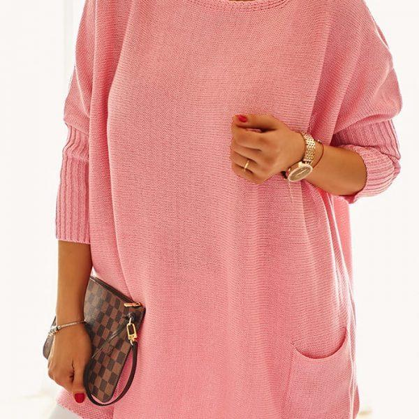 Letni luźny sweter oversize  z kieszeniami kolor morela